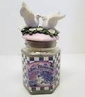 Home Interiors White Love Doves Heart Floral Candle Jar Topper on Lilac Blossoms