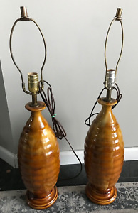 PAIR OF MID CENTURY VINTAGE RIBBED  POTTERY DRIP GLAZE LARGE LAMPS