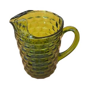 Vintage Indiana Glass Whitehall Pitcher Cubist Cube Avocado Green MCM 9