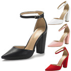 Women Wedding Party Pumps Ankle Strap Pointed High Chunky Heel Pump Dress Shoes
