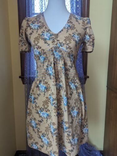 Vintage 70's Flower Knit Puff Sleeve Babydoll Smocked Mini Dress Size XS