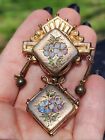 Lot Antique Vintage Yellow GF Locket Brooch Enameled Forget Me Not Flowers Fob