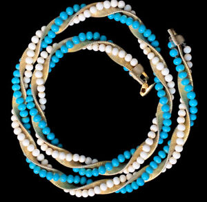 Vintage Goldette Faux Turquoise & White Beaded Chain Wrapped 24” Necklace Signed