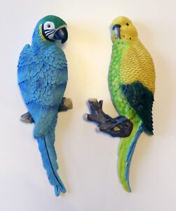 Blue Macaw Parrot & Yellow Parakeet Tropical Birds Resin Wall Art Sculptures