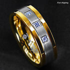 8mm Black/Gold Tungsten Ring Brushed Cubic Zirconia ATOP Men's Wedding Band