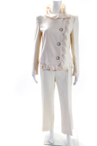 Escada Womens Ruffled Trim Creased Straight Leg Pant Suit White Wool Size EUR 36