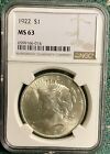 1922 Peace $1 Silver Dollar - 90% Silver - NGC MS63