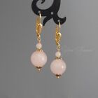Rose Quartz Gemstone Gold Plated Leverback Pink Round dangle Earrings Jewelry