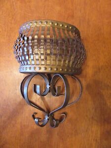 Vintage Large Gold Brass HOMCO Tin Metal Wire Wall Hanging Basket Shelf - EVC