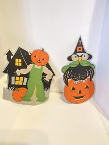 Halloween Vintage Die Cut Witch Owl On Pumpkin And Pumpkin Head Silver Edges