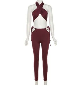 NEW Women Bandage Criss Backless Club Crop Top+ Pants 2PC Set Sexy Out fits