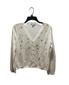 Vintage COCO & CO Womens Sweater Medium Cardigan Ivory Embroidered Flowers