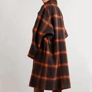 Women's Retro Check Coat Casual Plaid Wool Shirt Long Sleeve Trench Overcoat
