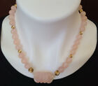 Vintage Pink Rose Quartz Beaded Gold Spacers with Carved Pendant Necklace - 17