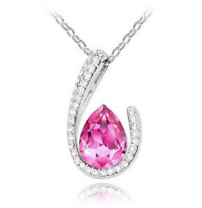 Women Fashion Jewelry Water Drop With Rose Red Crystal Silver Pendant Necklace