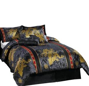 7-Piece Black/Gold/Red Palace Asian Jacquard Dragon Comforter Set
