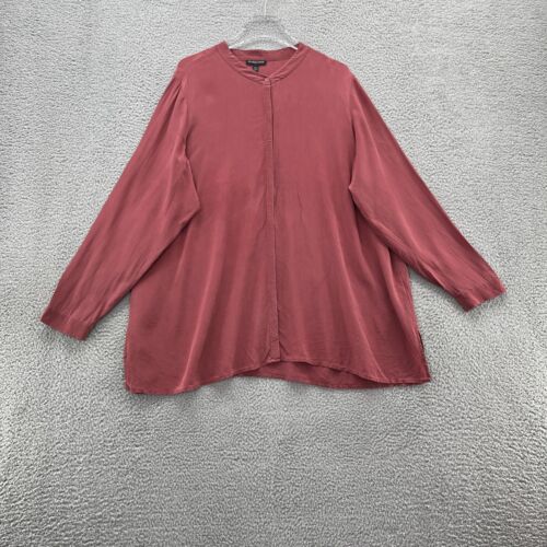 Eileen Fisher Womens Top Red 2X 100% Silk Button Up Long Sleeve * Marks