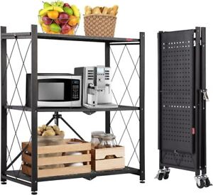 3 Tier Foldable Storage Shelves with Wheels, Kitchen Microwave Carts on Wheels