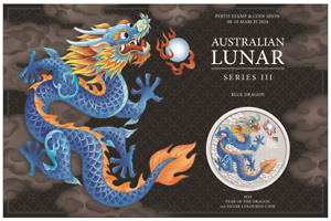 2024 Australia Lunar Dragon Blue Coin 1oz Silver in Card Perth Stamp & Coin Show
