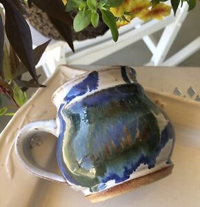 Hand Thrown Stoneware Art Pottery Coffee Mug Unique Brown Green Blue  Signed
