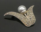 925 Sterling Silver - Vintage Pearl & Marcasite Flower Motif Brooch Pin - BP9110