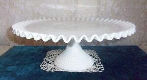 Fenton Hobnail 13.25 Inch Ruffled Footed Milk Glass Cake Salver / Stand