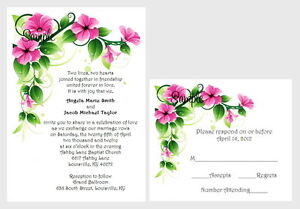 100 Personalized Custom Spring Pink Floral Bridal Wedding Invitations Set RSVP