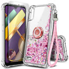 For LG K22 / K22 Plus Case, Liquid Glitter Cute Cover + Tempered Glass & Lanyard