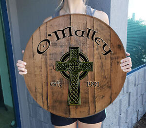 Personalized Celtic Cross Irish Pub Whiskey Barrel Bar decor for Rustic Home