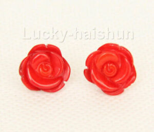 AAA natural Genuine carven flower 12mm red coral Earrings 14K solid gold Stud