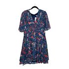 Harlyn Nordstrom Empire Dress Size XXL Blue Red Floral Flutter Sleeves NEW