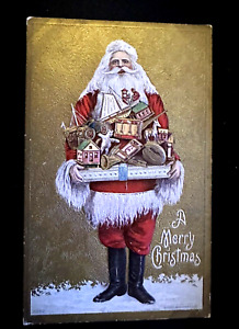 Red Robe Old World~Santa Claus with Box of Toys~Antique Christmas Postcard-h629