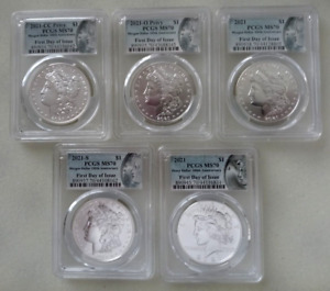 2021 MORGAN & PEACE SILVER DOLLAR PCGS MS70 FIRST DAY OF ISSUE - 5 COIN SET