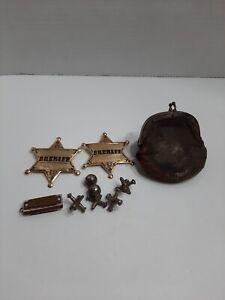 Vintage Toys: Miniature Harmonica, 2 Sheriff Badges, Old Leather Change Purse...