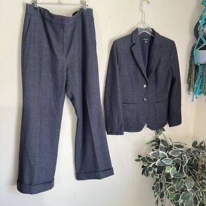 Ann Taylor Pant Suit Blazer Jacket Size 10 Pants 12 Pinstripe Navy Blue Stretch