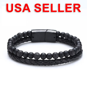 LOT OF 3 Jewelry Magnetic Clasp Lava Stone Beads Braided Leather Bracelet USA