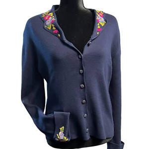 Susan Bristol Vintage 1997 Embroidered Knit Cardigan Sweater-Blue-Flower-Large