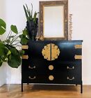 Black Lacquer and Brass Sideboard Credenza, Newly Refinished Refurbished Vanity