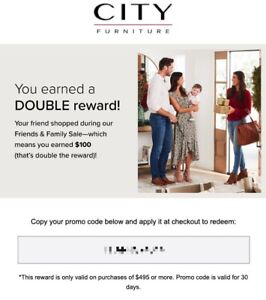 $100 city furniture coupon (use online)