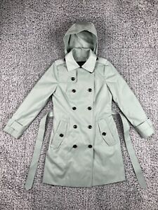 London Fog Trench Coat Womans Small Sea Glass Satin Lined Double Breasted Belted
