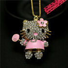 Fashion Women Crystal Pink Enamel Lollipop Flower Cat Kitten Pendant Necklace