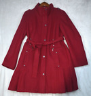 Calvin Klein Red Wool Trench Coat Women's Large Button Up Belted Pleated Peacoat