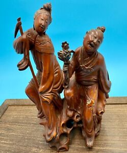 Chinese Antique Wood Carving of a Farmer Couple