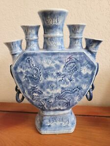 Vintage Chinese Delft Blue 5 Flute Finger Dragon Tulipier Tulip Vase 14