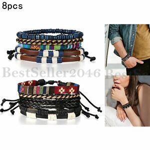 8PCS Lots Punk Leather Wrap Braided Cuff Wristband Bangle Bracelet Mens Womens