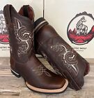 MEN'S COWBOY WESTERN GENUINE LEATHER BROWN OIL RESISTANT SQUARE TOE RODEO BOOTS