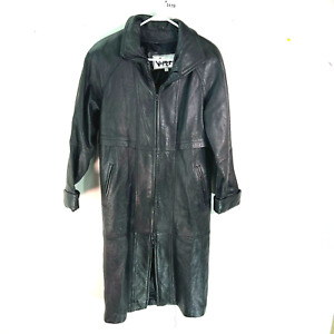 Vivage Womens Long Sleeves Leather Full Zip Long Black Trench Coat Size PXS