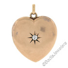 Antique Victorian 10k Gold Engraved 2 Picture Heart Locket Pendant w/ Diamond