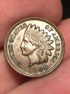 1906 Indian Head Cent Penny- AU Details- 4 Diamonds