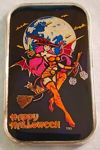 2021 Happy Halloween Witch in Orange Leather~ DT Mint ~ Hand Enameled Silver Bar